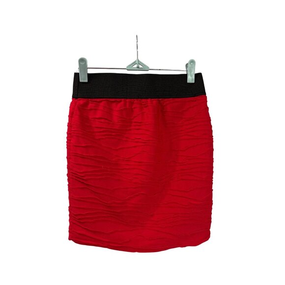 Vintage Y2K Stooshy Red Textured Mini Skirt Bodycon Black Waistband S Lined - Picture 2 of 3
